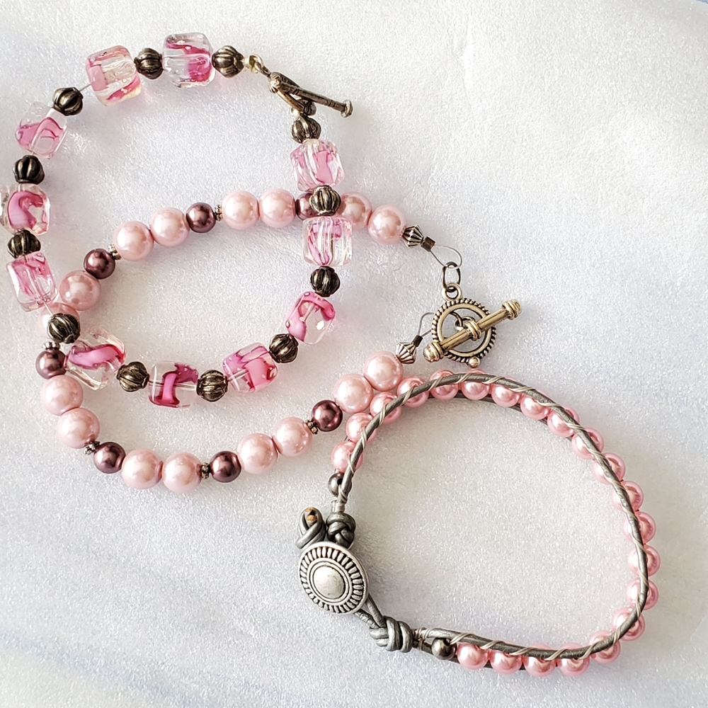 Bundle Of Hand Beaded Pink Toggle Bracelets
